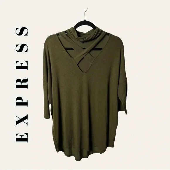 0232. EXPRESS SHORT SLEEVE TOP SIZE LARGE ARMY GREEN IN COLOR UNIQUE NECKLINE - Picture 1 of 9